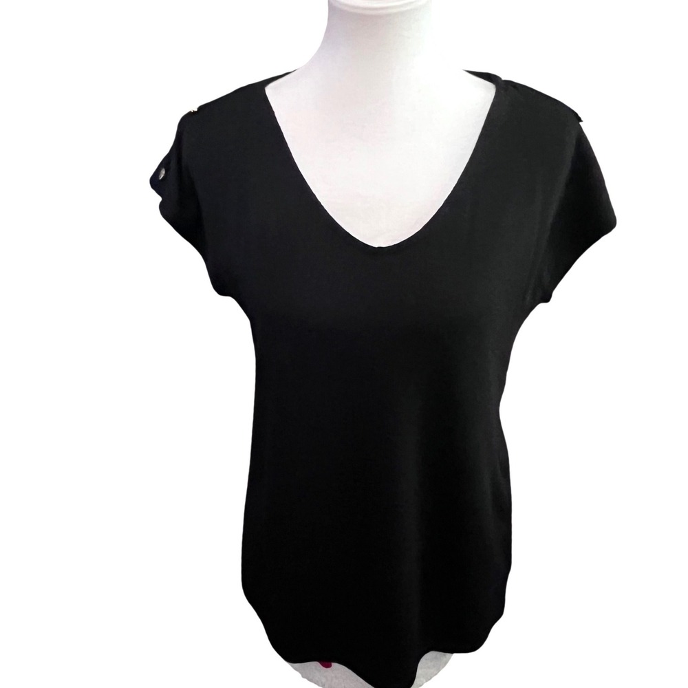 Worthington Womens Black V-Neck Cap Sleeve Top Gold Button Shoulder Detail Small
